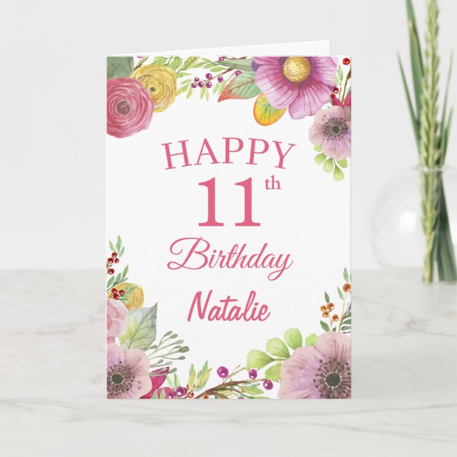 Carte rose 11e Anniversaire Fleurs florales (Devant)