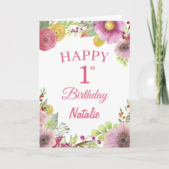 Carte rose 1er Anniversaire Fleurs florales (Devant)