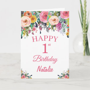 Carte rose 1er Anniversaire Fleurs florales