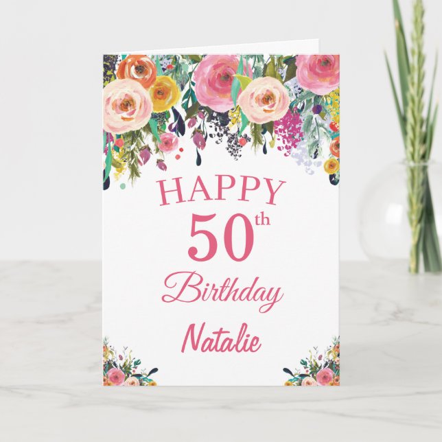 Carte rose 50e Anniversaire Fleurs florales (Devant)