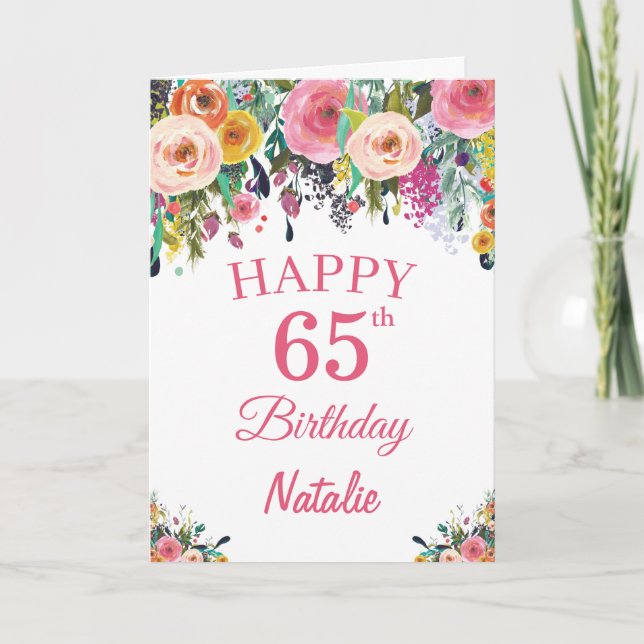 Carte rose 65e Anniversaire Fleurs florales (Devant)