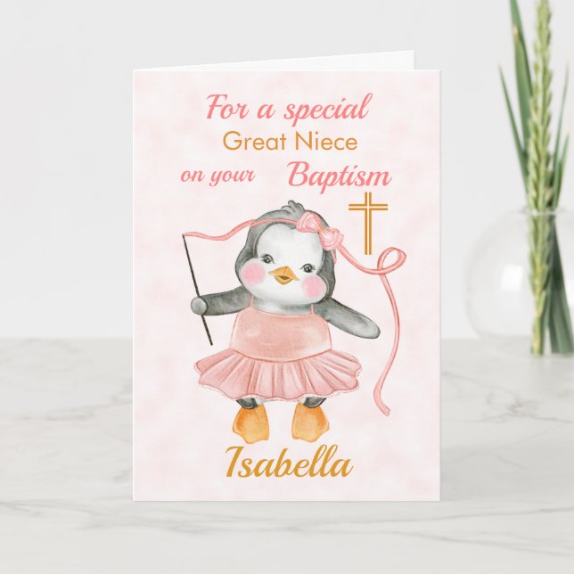 Carte rose Baptême Pingouin Ballerina (Devant)
