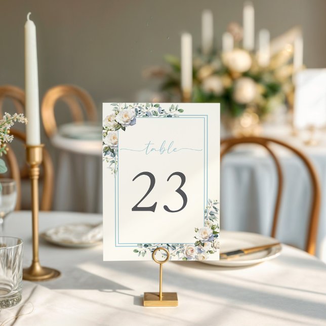 Carte Rose blanche Aquarelle Floral Dusty Blue Tab (White Roses Floral Watercolor 
Eucalyptus Dusty Blue Script Table Number Card)