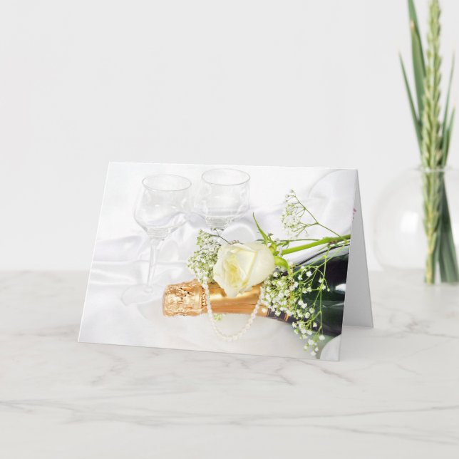 Carte rose blanche sur bouteille de champagne aux perles (Devant)