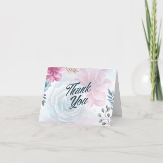 Carte Rose bleu poussiéreux et Merci rose floral
