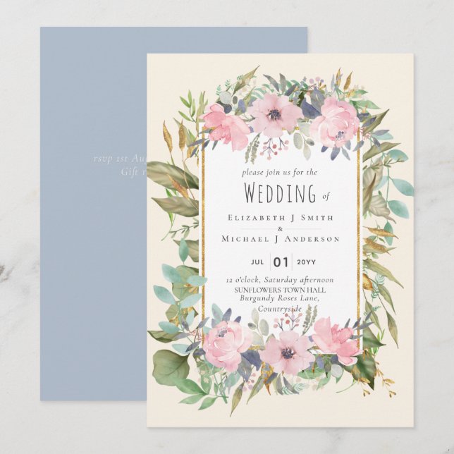 Carte Rose Blush Floral Sage Mariage (Devant / Derrière)
