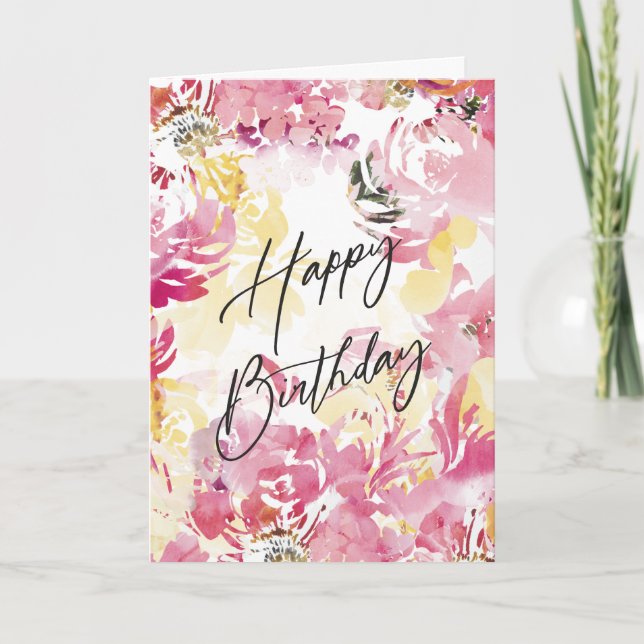 Carte Rose Blush Joyeux Anniversaire Aquarelle Design Fl (Devant)