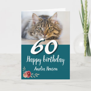 Carte Rose Chat Photo Aquarelle 60 ans 