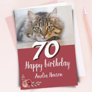 Carte Rose Chat Photo Aquarelle Rouge 70e Anniversaire
