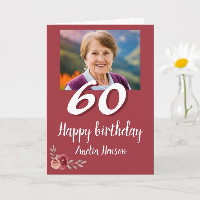 Carte Rose couleur rouge photo 60e anniversaire (Petite plante)