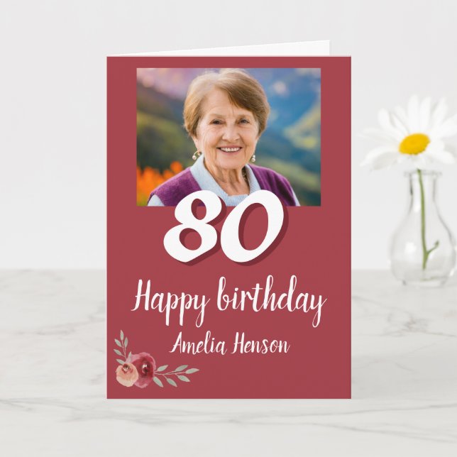 Carte Rose couleur rouge photo 80e anniversaire (Petite plante)