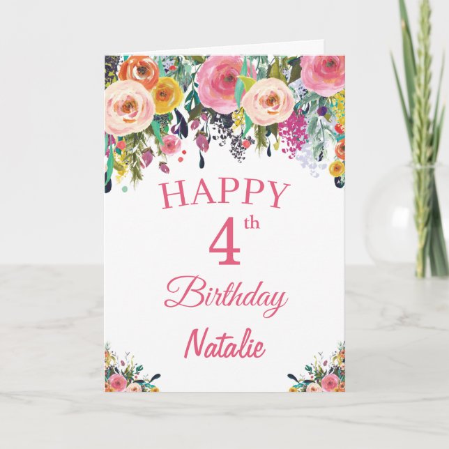 Carte rose d'aquarelle de 4e anniversaire Fleurs f (Devant)