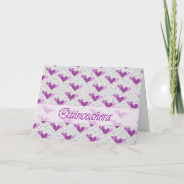 Carte rose de coeurs pourpres de Quinceañera (Devant)