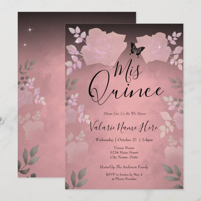 Carte Rose de glace rose Floral Quinceanera Budget Invit (Devant / Derrière)