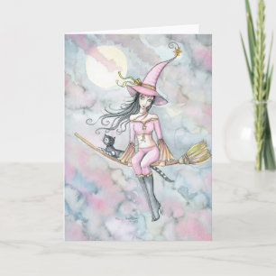Carte rose de sorcière et de chat de Halloween