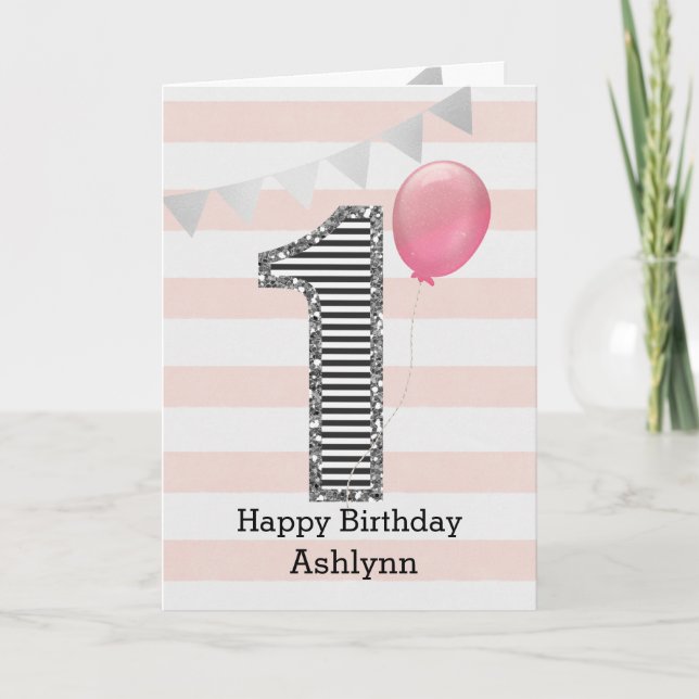 Carte Rose et argent 1er anniversaire fille (Devant)