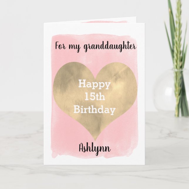 Carte Rose et or Joyeux 15e anniversaire Grandgirl (Devant)
