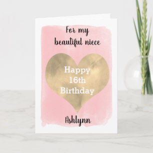 Carte Rose et or Joyeux 16ème anniversaire pour ma nièce