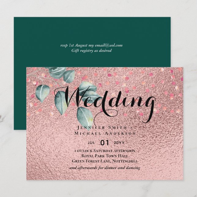 Carte Rose Eucalyptus Feuille Foil Look MARIAGE (Devant / Derrière)