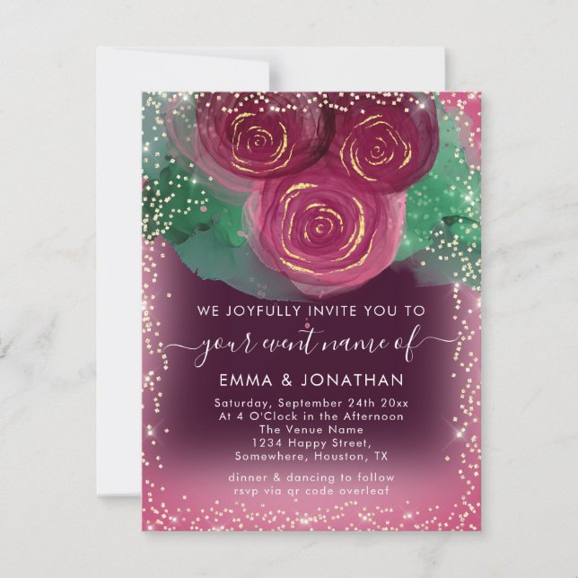 Carte Rose Floral QR Code Bourgogne Gold Marsala (Devant)