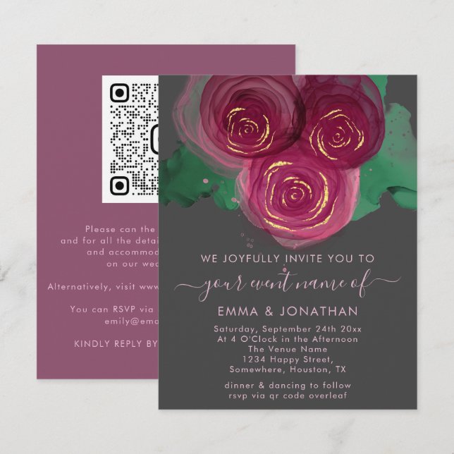 Carte Rose Floral QR Code Graphite Bourgogne Marsala (Devant / Derrière)
