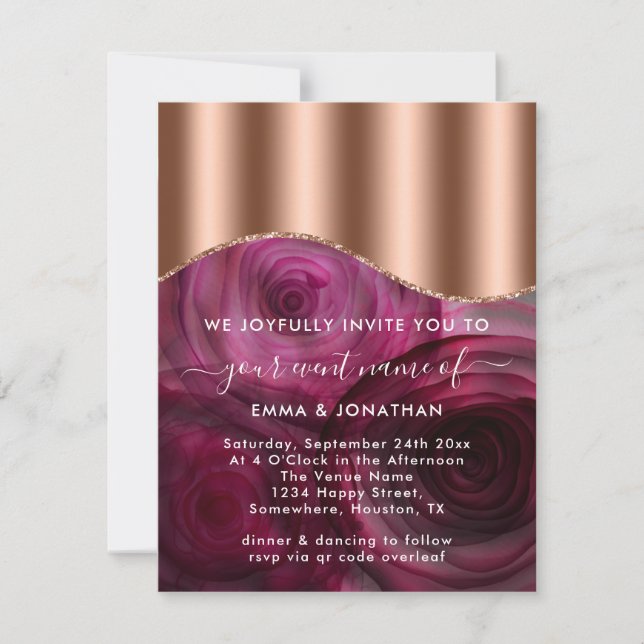 Carte Rose Floral QR Code Rose or cuivre Marsala rose (Devant)