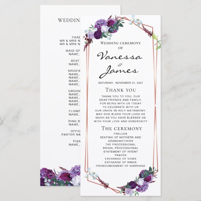 Carte Rose Floral violet or Mariage de cadre géométrique (Devant / Derrière)