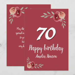 Carte Rose Florale Aquarelle Rouge 70e Anniversaire