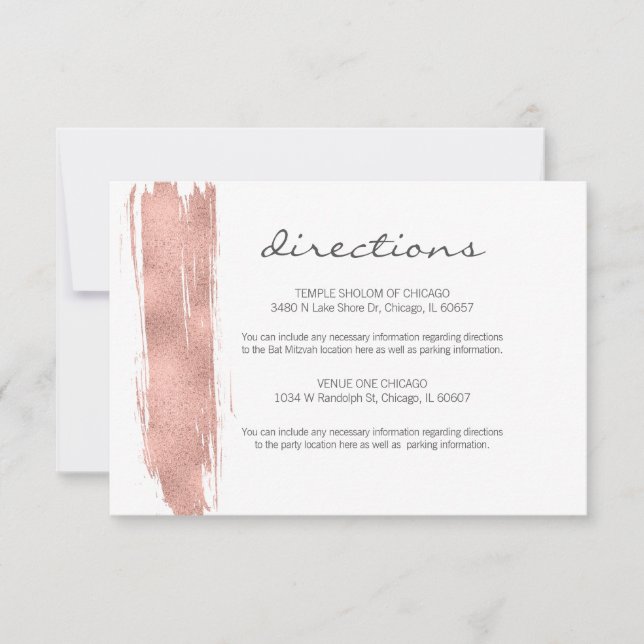 Carte rose Gold Brushstroke Bat mitzvah Directions (Devant)