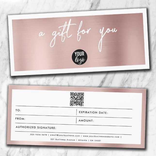 Carte Rose Gold Business Logo QR Code Certificat cadeau (Créateur téléchargé)