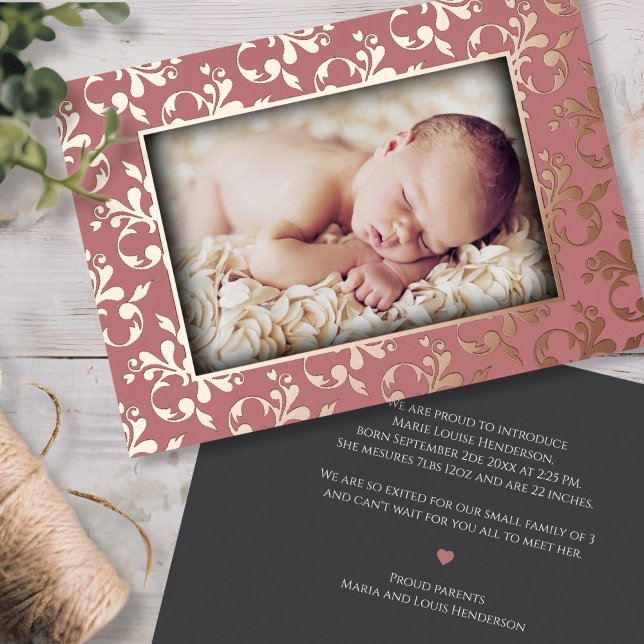 Carte rose Gold Faire-part de naissance Foil (Double sided Luxurious Rose Gold Birth Announcement Foil Card)