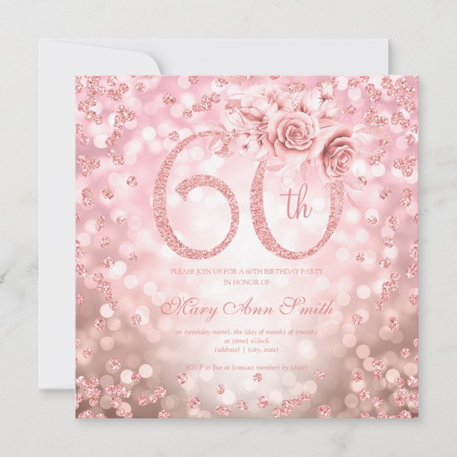 Carte Rose Gold Floral 60e Anniversaire Lumières (Devant)