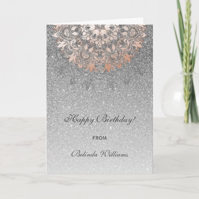 Carte Rose Gold Parties scintillant argent Floral Mandal (Devant)