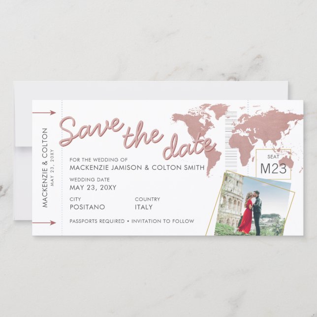 Carte Rose Gold Pink Plane Ticket Destination Enregistre (Devant)