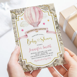 Carte rose Hot Air Balloon Aventure Baby shower