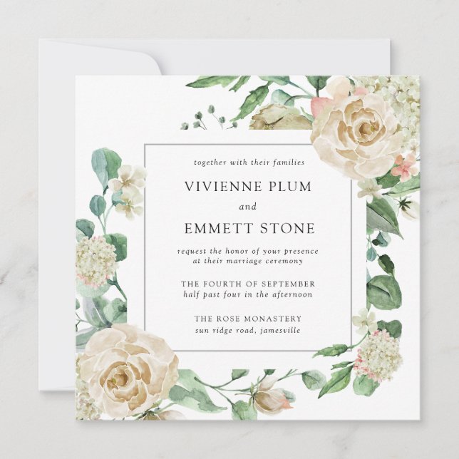 Carte Rose ivoire Hydrangea Floral Carré Mariage (Devant)