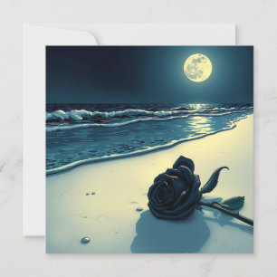 Carte Rose noir sur une plage avec Pleine lune