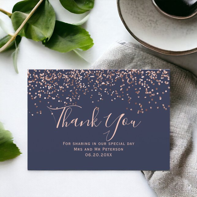 Carte Rose or confetti marine bleu typographie merci (Rose gold confetti navy blue typography thank you card)