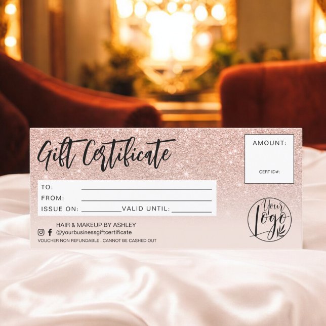 Carte Rose or parties scintillant rose chic certificat c (Rose gold glitter pink chic gift certificate logo)