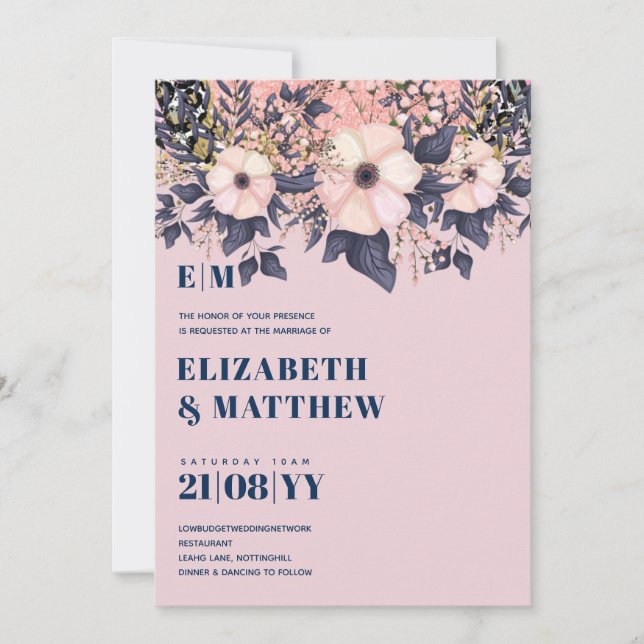 Carte Rose pâle bleu Rosegold Floral Mariage Chic (Devant)
