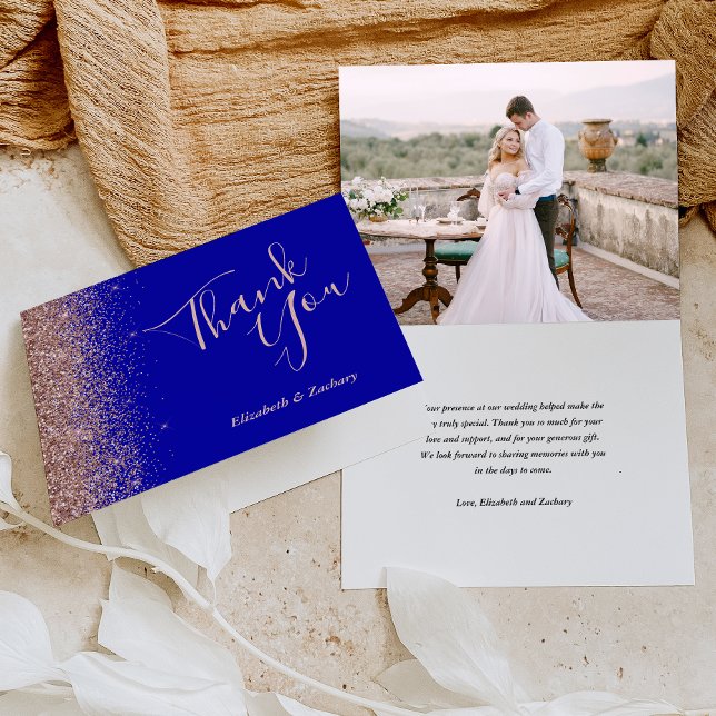 Carte Rose photo Gold Royal Blue Mariage Merci (Créateur téléchargé)