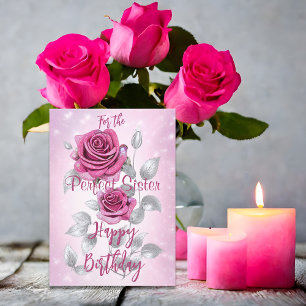 Carte Rose rose et argent Parfait Soeur Anniversaire