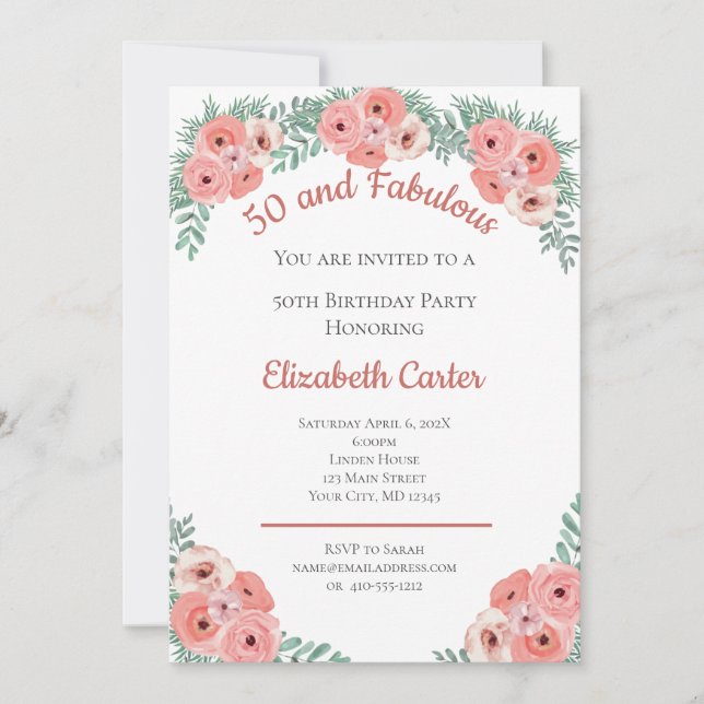 Carte Rose rose Floral 50 et Fabuleux anniversaire (Devant)