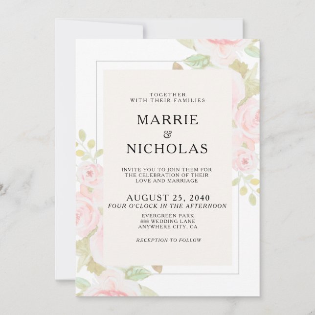 Carte Rose rose pâle rose florale d'aquarelle de mariage (Devant)