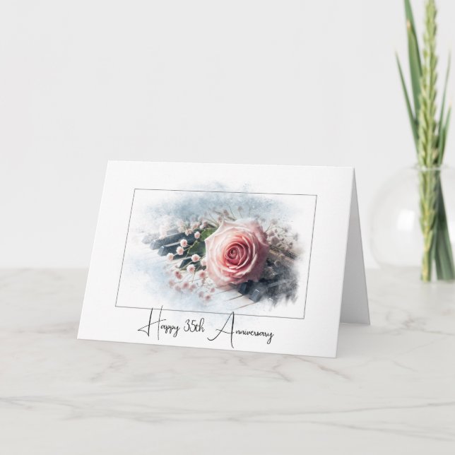 Carte Rose rose sur piano pour le 35e anniversaire (Devant)