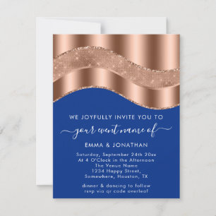 Carte Rose Royal Bleu Cuivre Bordure Vague QR Code Maria