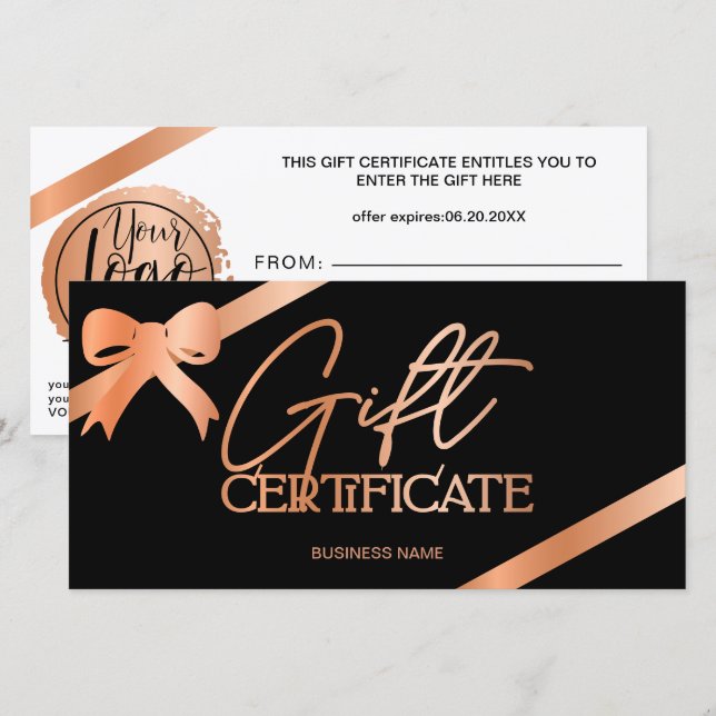 Carte Rose ruban en feuille d'or noir logo cadeau certif (Devant / Derrière)