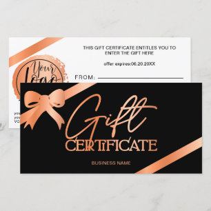 Carte Rose ruban en feuille d'or noir logo cadeau certif