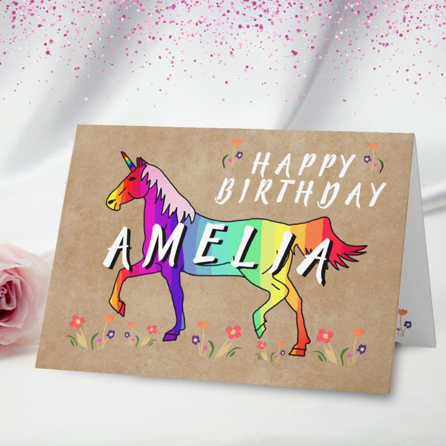 Carte Rose Unicorn Fleur Vieux Papier Girl Joyeux Annive (Créateur téléchargé)