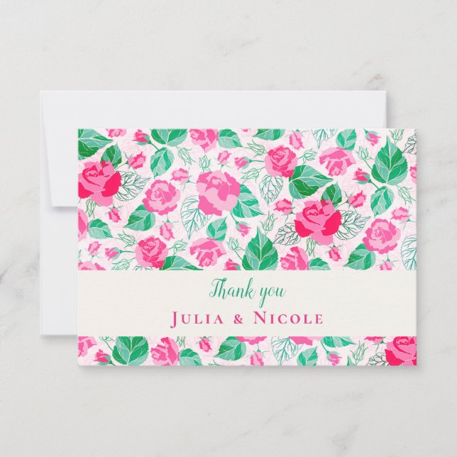 Carte Rose Vert Rose Pétales Fleurs Jardin Mariage (Devant)